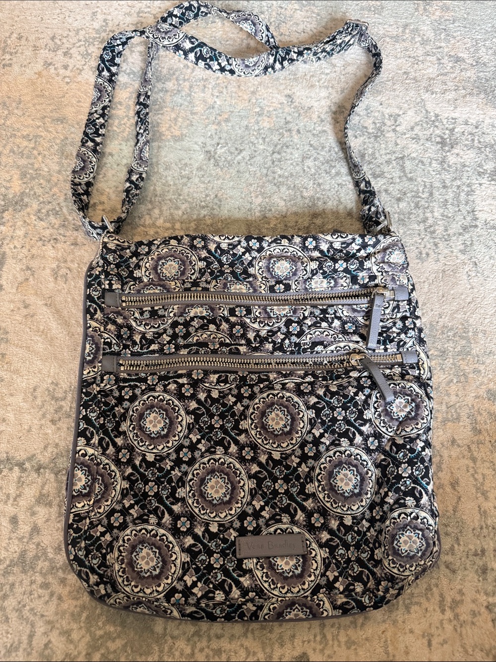 Vera Bradley Triple Zip Hipster Crossbody Bag Retired Charcoal Medallion Pattern